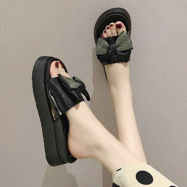 

shoes summer woman woman's slippers butterfly-knot low slides shose women beach 2020 flat soft cotton, Black