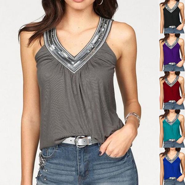 

women's ladies casual summer v-neck sequin stitching loose fitting sleeveless pullover vest t-shirt tank, White