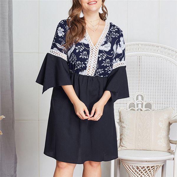 

плюс размер платье женщины v-образным вырезом цветочный принт раффлед платья камзол дамы праздничное платье повседневные платья vestido jayc, Black;gray