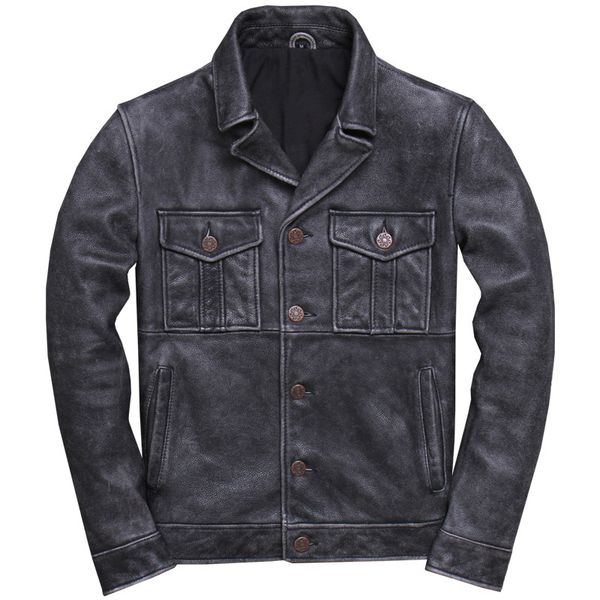

men's leather & faux vintage grey men american casual style jacket plus size xxxl genuine cowhide spring short natural coats, Black