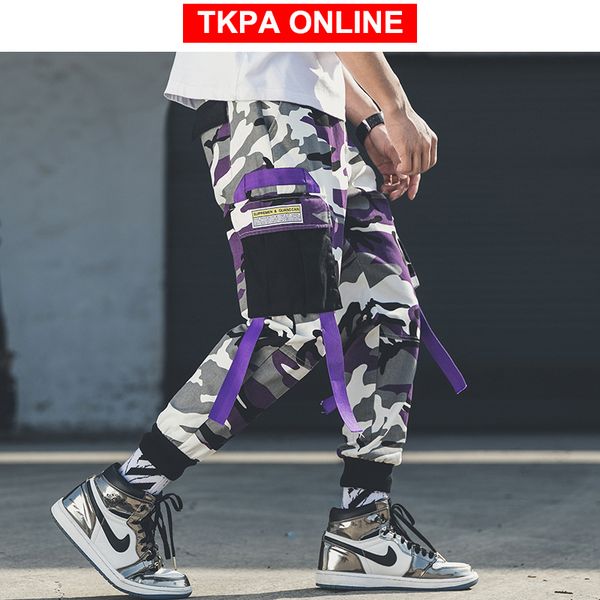 

men streetwear camouflage cargo pants 2020 overalls mens hip hop joggers pants korean style patchwork belt sweat, Black