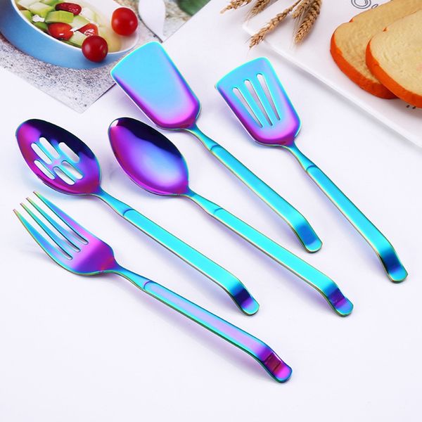 

rainbow cookware set kitchen accessories stainless steel public buffet serving spoons fork turner colander kitchenware