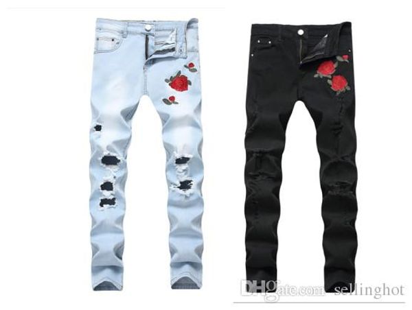 

mens distressed ripped jeans with embroidery men with flowers rose embroidered men's denim jeans stretch slim pants 1823, Blue