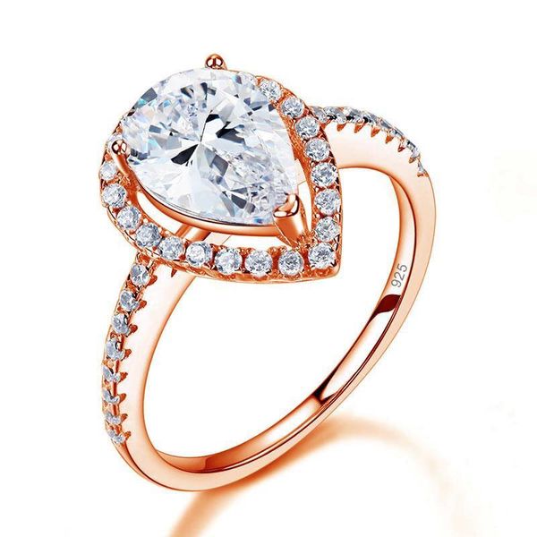 

изысканное обручальное кольцо с боковыми камнями 2 карат груша огранка стерлингового серебра 925 пробы розовое золото позолоченное кольцо св, Silver