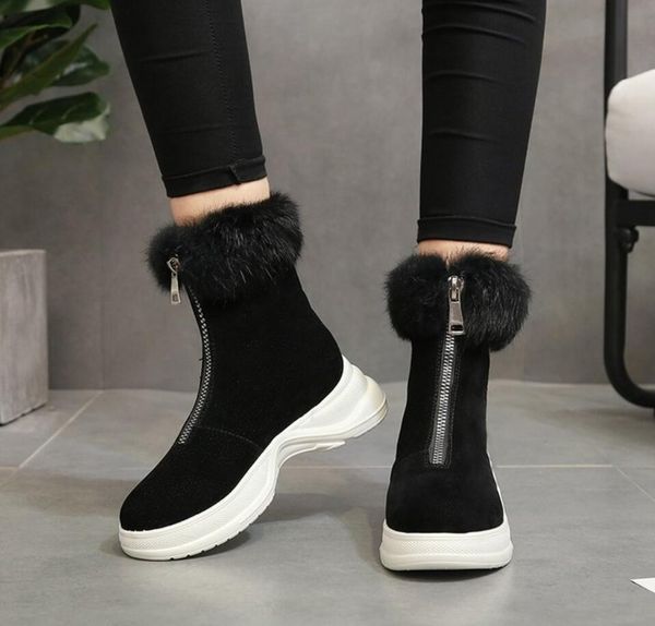 

spring2019 winter new fur women boots high shoes female front zipper thick fur mujer thick bottom warm snow boots, Black