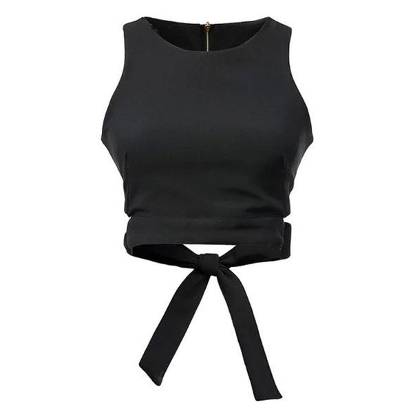 

girls and women's sleeveless round neck bow tie cut out crop top, White