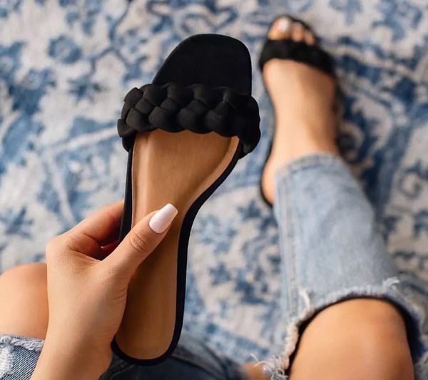 

women slippers new denim twist braid flat slipper summer open toe ladies beach slip on sandals light woman shoes, Black