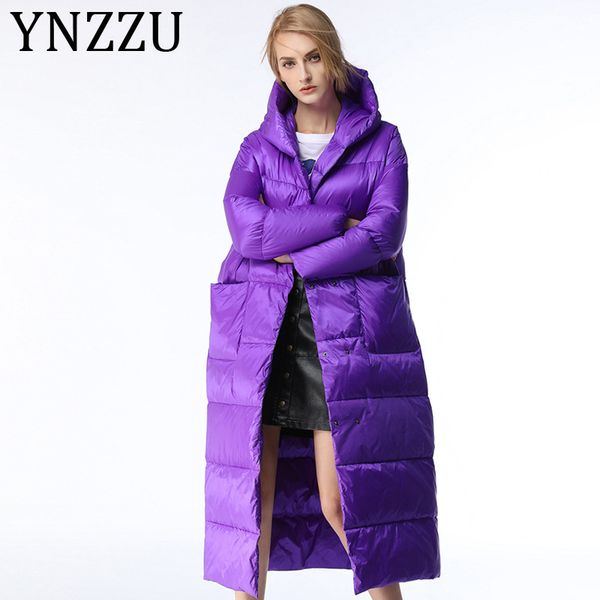 

ynzzu luxury 2019 winter women's down jacket elegant purple long thicken warm hooded duck down coat female snow outwears a1173, Black