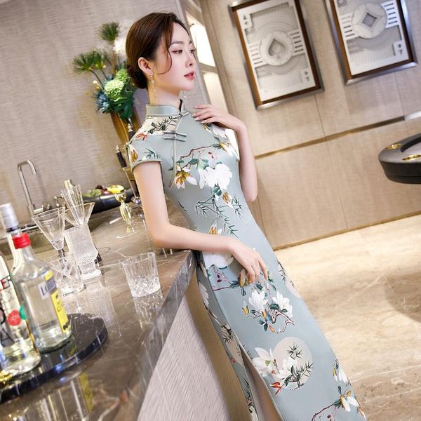 

blue print flower традиционная китайская cheongsam классический элегантный женщины длинные qipao sexy тонкий hight split сатин vestidos plus, Red