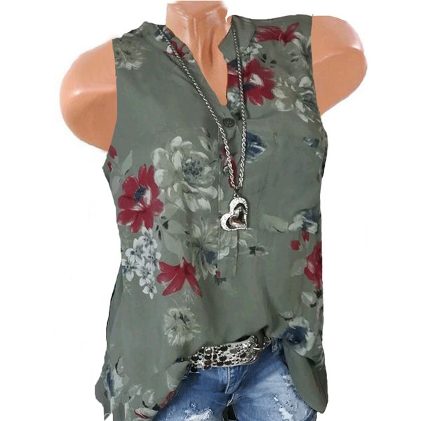 

women summer blouse sleeveless floral print new fashion v-neck ladies office shirts tunic plus size blusas mujer, White