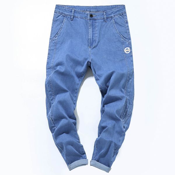 

fashion badge jeans men blue gray black slim pencil jean streetwear cowboys man high elastic big size denim psmj33