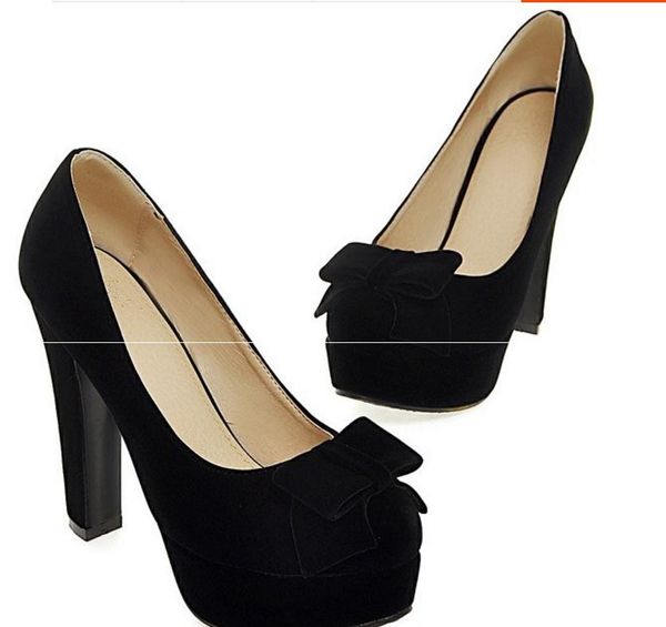 

send 2018 new style women's shoes bowknot round head high heel shoes coarse heel women's shallow mouth single shoes., Black