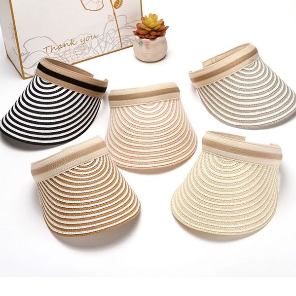 

корейский стиль женщины дамы плетение соломы empty top козырька hat clip-on контрастного цвета полосатый широкий брим anti-uv открытый пляж, Blue;gray