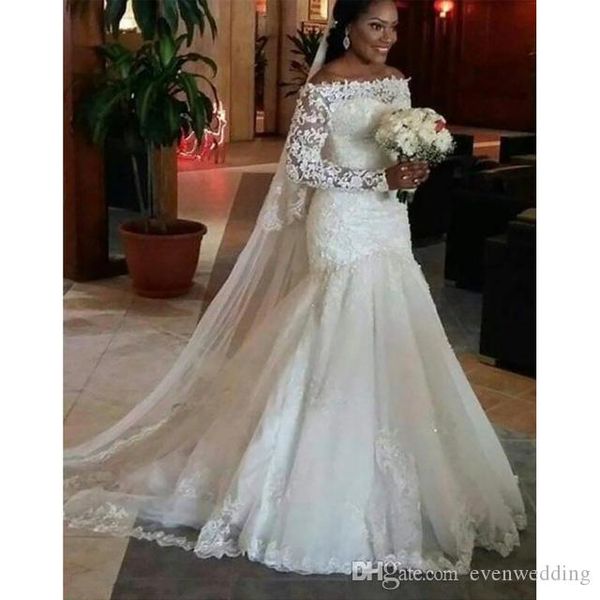

long sleeves wedding dresses with lace appliques 2019 court train mermaid bridal gowns lace up wedding gown robe de mariee, White