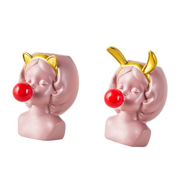 

2 pieces vinyl girl blowing bubbles succulent cactus planter pot, decorative garden flower holder bowl for home office - pink