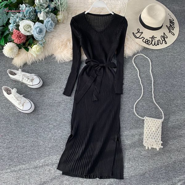 

elegant v neck split midi dress 2020 autumn winter women knitted sweater dress button long sleeve sashes bodycon dress, Black;gray