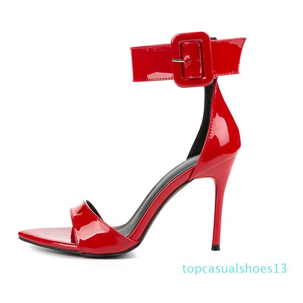 

pzilae 2020 fashion women sandals red patent leather high heel sandals women open toe ankle buckle strap ladies party shoes, Black