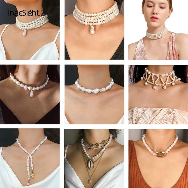 

ingesight.z punk multi layered choker necklace collar statement boho handmade simulated pearl pendant necklace for women jewelry, Golden;silver