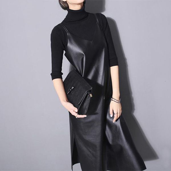 

новый 2019 платья женщин длинного спагетти кожезаменитель платье без рукавов черных ремней v шеи sides split найте party club pu, Black;gray