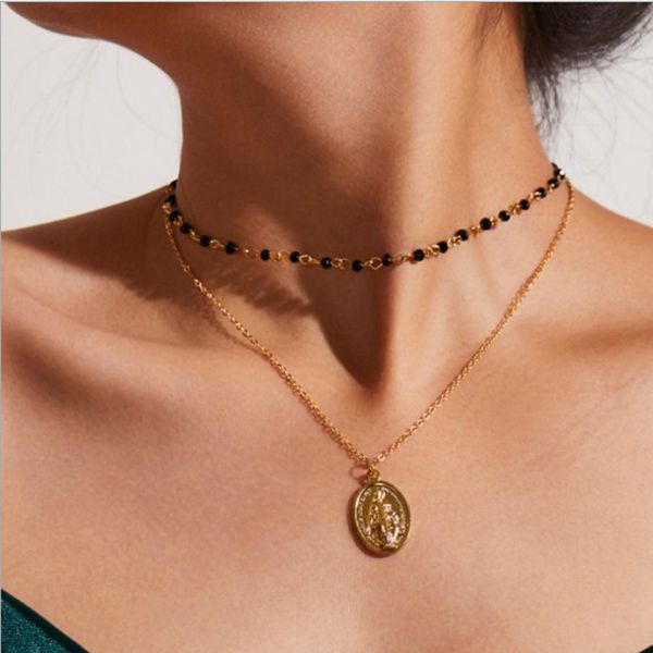 

bohemia gold silver color black beads layered necklace jesus virgin mary chain pendant necklace for women gift jewelry 2019 new