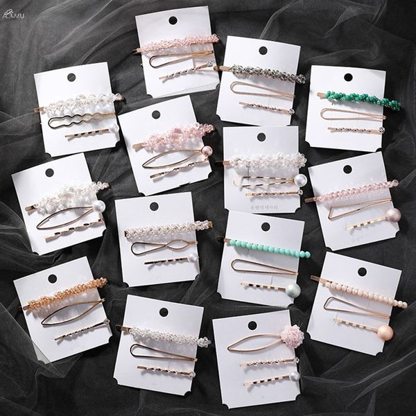 

aomu 1set korea imitiation pearl hairpins crystal flower beads hair clips for women hairgrip metal gold color hair accessories, Golden;white