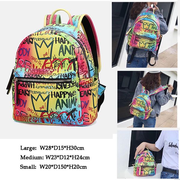 

new arrival rainbow color graffiti backpack for women 2020 pu shoulder bag stylish ladies school bags bags