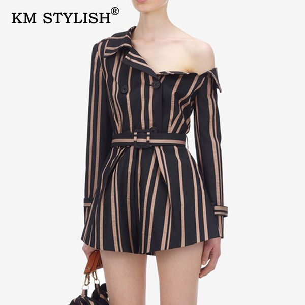 

2019 autumn sp new women one-shoulder romper black striped sashes casual jumpsuit female long-sleeve turn-down collar short, Black;white