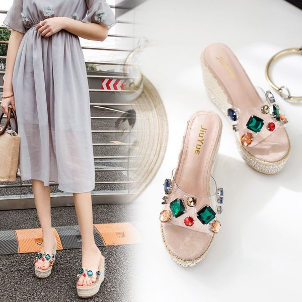 

shoes woman 2020 house slippers platform shale female beach glitter slides low slipers women transparent heel on a wedge, Black