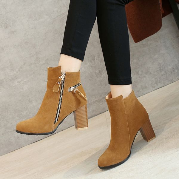 

zipper ankle boots for women 2019 autumn winter comfortable round toe thick heel casual work shoes ankle booties bota feminina, Black