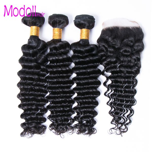 

deep wave bundles with closure brazilian virgin hair 3/4 bundles with closures 10a grade human hair weave deep wave bundles with closure, Black;brown