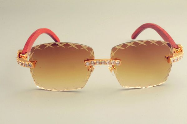 Óculos de sol T-8300177F com lente em forma de X gravada a quente, guarda-sol decorativo elegante com diamante grande, óculos de sol de templo de madeira natural