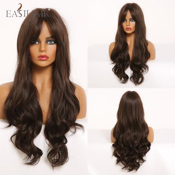 

easihair long wavy dark brown wigs with bangs heat resistant synthetic hair wigs for black women afro glueless cosplay