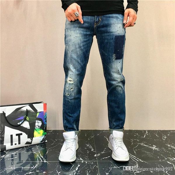 

2019 fashion designer хлопка высокого качества отверстия джинсы для похудения мотоцикл водителя брюки мужские hip-hop мужские джинсы p4, Blue