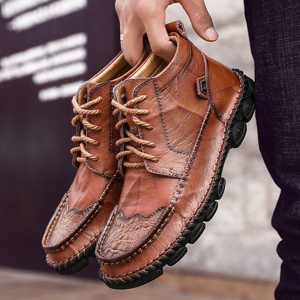 

yomior new autumn winter vintage men casual shoes genuine leather lace-up ankle boots loafers business work flats snow boots, Black