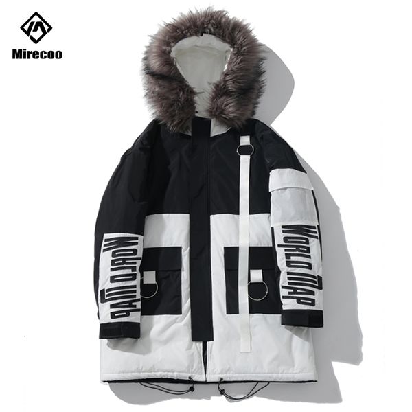 

hip hop съемная меховой воротник parka вниз куртка блок мужчина ветровка streetwear harajuku winter ватник пальто теплый outwear, Black