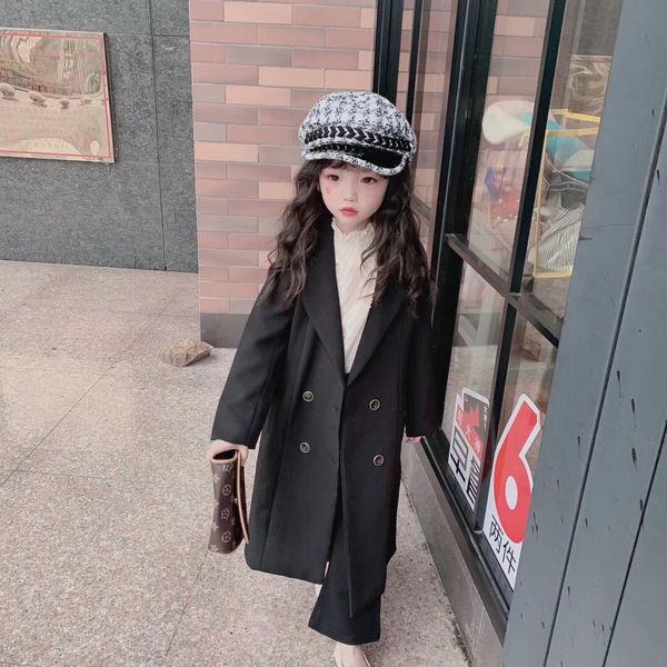 

children's 2019 autumn new girls in the long coat jacket suit lapel coat foreign suit baby girl kids jacket, Blue;gray