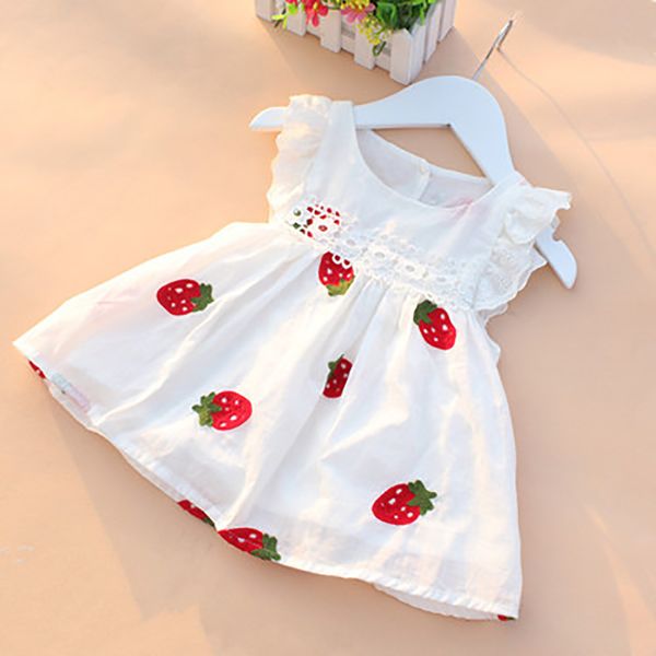 

summer baby girls dresses floral strawberry embroidery sleeveless kids clothing cotton print floral lace infant girl dresses, Red;yellow