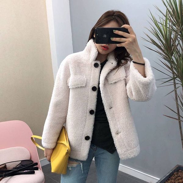 

woman short lamb jacket wool coat fashion harajuku jacket, Black