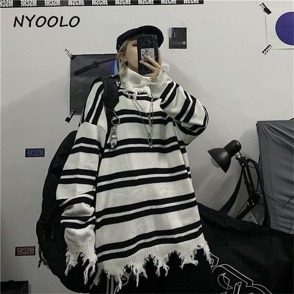

nyoolo vintage streetwear destroyed holes striped knitted sweater autumn winter loose turtleneck pullover sweater women men, White;black