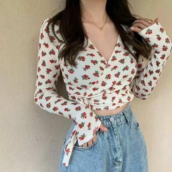 

women crossover front floral wrap tie hem long sleeve crop crop, White