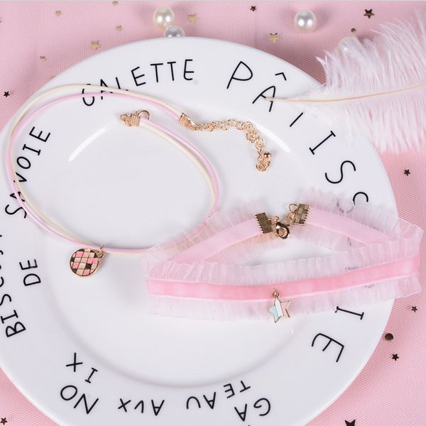 

one set pink 2020 new japan and korea sweet lace wavy neck short clavicle fashion jewelry for girl cute necklace, Golden;silver