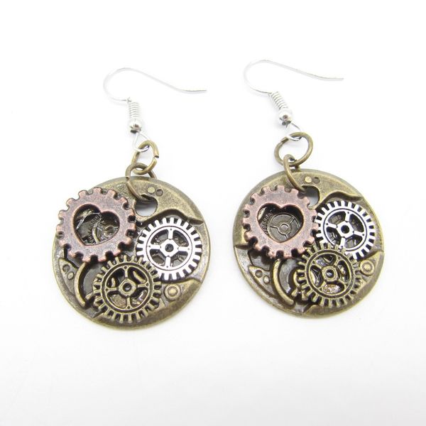 

new collection vintage colored small gears mechanism diy steampunk women`s drop earrings, Silver