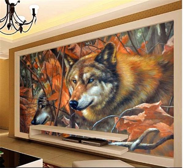 Carta da parati 3D Carta da parati moderna e minimalista Foresta Lupo HD Animale Carta da parati TV per interni Sfondo Decorazione murale Carta da parati