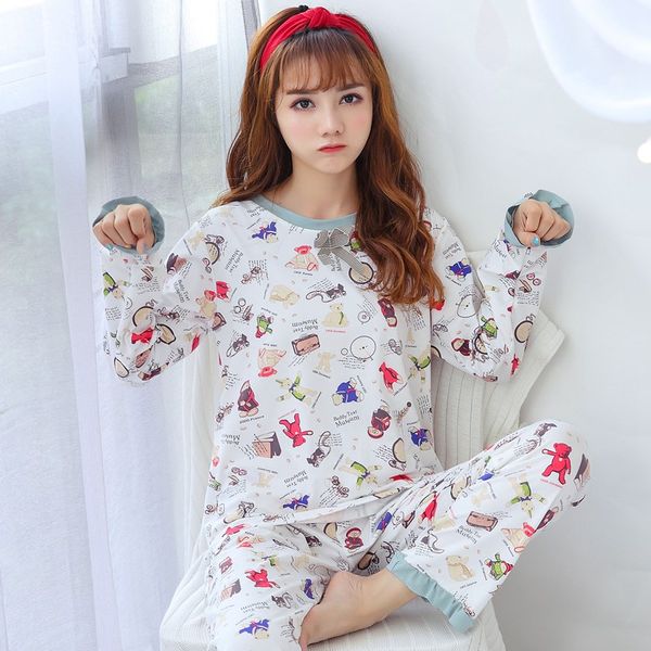 

2019 spring autumn pajama sets for women long sleeve pyjama girl cute cartoon print sleepwear pijama mujer homewear home clothes, Blue;gray
