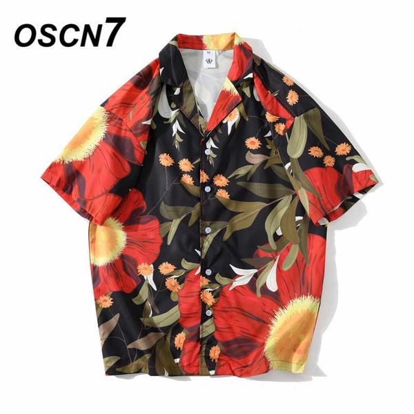 

oscn7 casual streetwear beach printed short sleeve shirt men 2020 hawaii oversize fashion harujuku women shirts 452, White;black