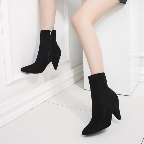 

2019 autumn new pointed thick with high heel ankle boots suede side zipper boots slim, Black