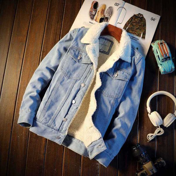 

men's down & parkas denim coat autumn and winter 2021 thickened cashmere lambs wool cotton padded clothes korean slim jacket, Black