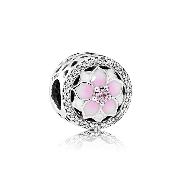 encanto magnólia contas flor luxo designer 925 set prata delicada com diamantes CZ adequado para Pandora DIY talão pulseira