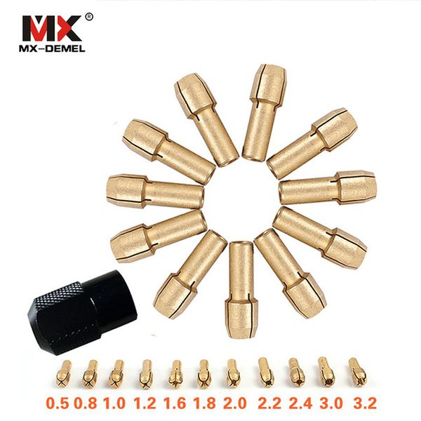 

12 pcs/set brass collet chuck 0.5/0.8/1.0/1.2/1.6/1.8/2.0/2.2/2.4/3.0/3.2mm + m8*0.75 chuck for dremel rotary tools