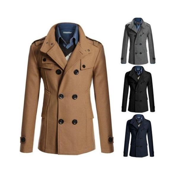 

men's trench coat korean slim long sleeve windbreaker leisure jacket double-breasted autumn winter solid color business coat, Tan;black